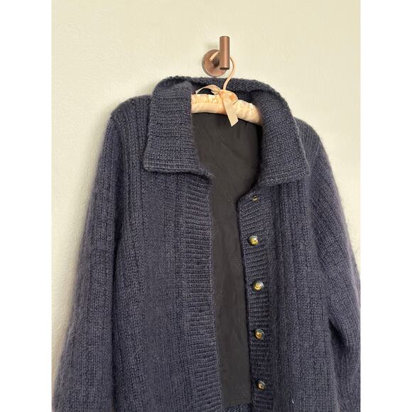 Vintage Mohair Medium Jacket Navy Button Up Cardigan Sweater Collared Cable Knit - Picture 4 of 7